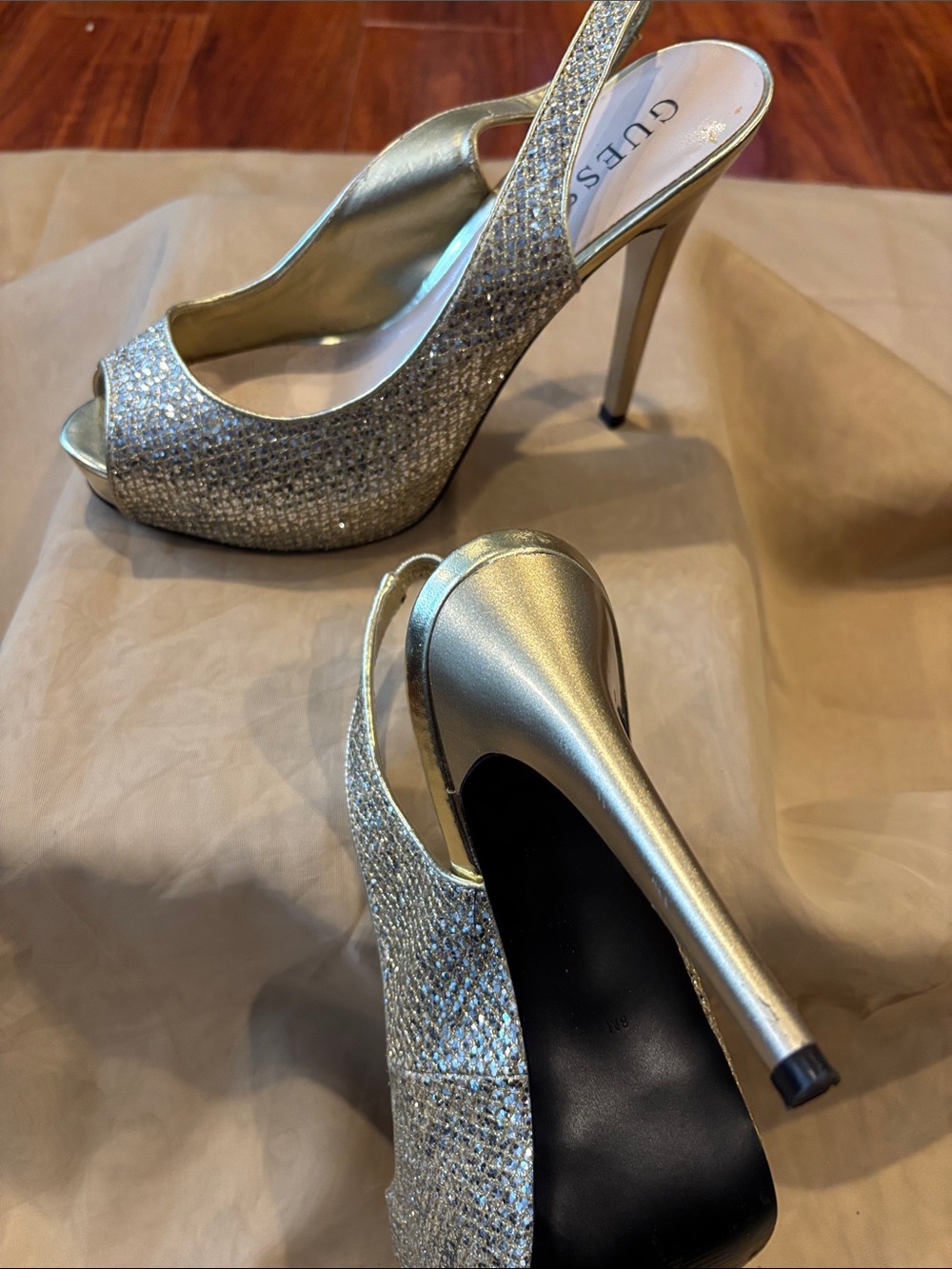 GUESS Silver Glitter Peep-Toe Slingback Heels with Metallic Stiletto